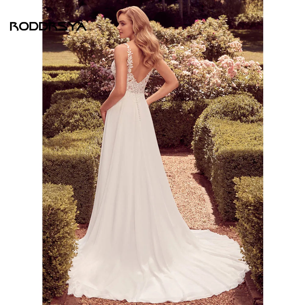 RODDRSYA Simple Boho Wedding Dress For Women 2023 V-neck Appliques Backless Bridal Gowns With Button Chiffon Vestidos De Novia