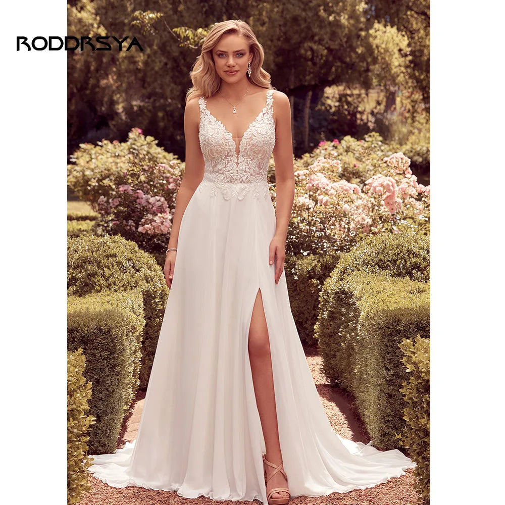RODDRSYA Simple Boho Wedding Dress For Women 2023 V-neck Appliques Backless Bridal Gowns With Button Chiffon Vestidos De Novia