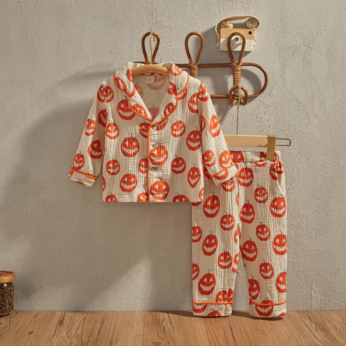 EWODOS 1-6 Years Toddler Baby Kids Unisex Casual Pajama Suit Cartoon Bear Print Long Sleeve Front Pocket Lapel Tops+ Long Pants