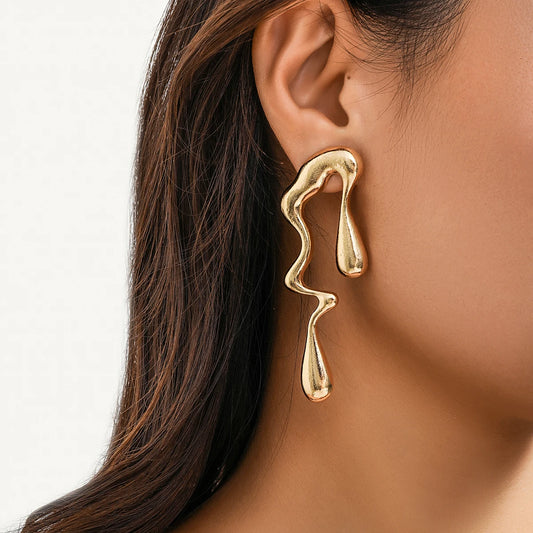IngeSight.Z Creative Metal Irregular Water Drops Stud Earrings for Women Vintage Gold Color Geometric Long Earrings Christmas