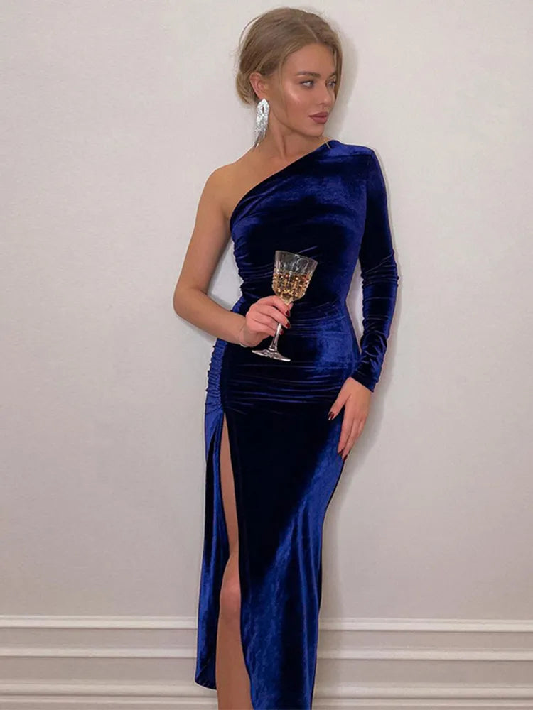 Women Elegant Long Sleeve Party Evening Velvet Bodycon Split Pencil Midi Dress 2023 Spring Autumn Clothes