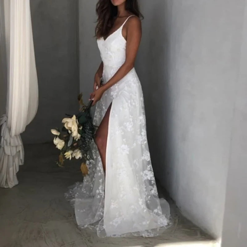 Elegant White Embroidery Lace Yarn Maxi Dress Women Elegant Backless Split Long Dress Sexy Deep V Neck Sling Wedding Party Dress