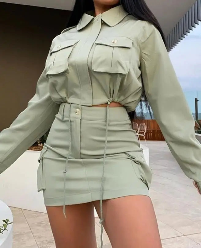 Two Piece Sets Womens Outifits 2023 Autumn Fashion Drawstring Flap Detail Long Sleeve Crop Top Y2k Skirt Set Streetwear Clothes