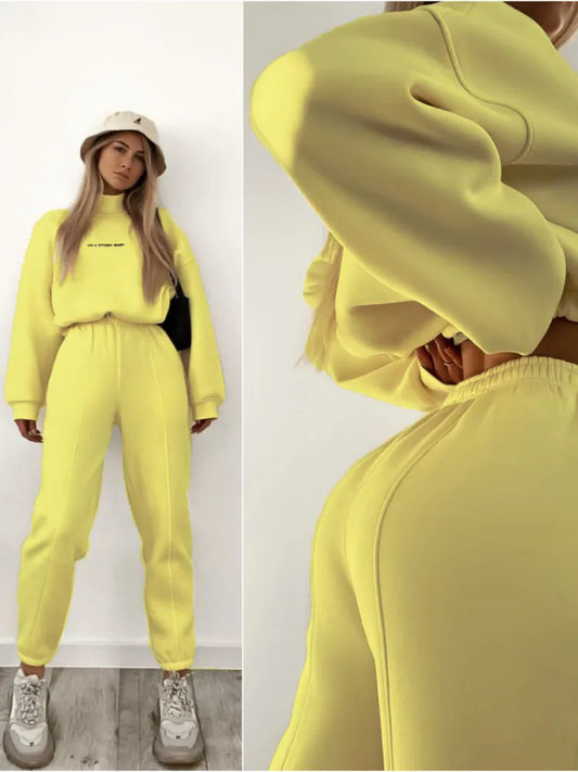 Sweatshirt Suit Women Winter Turtleneck Tops High Waist Ankle Length Sport Pants 2 Piece Sets Letter Fleece Tracksuit for Women