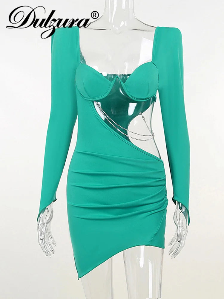 Dulzura Elegant Chain Ruched Sexy Y2K Clothes Hollow Out Long Sleeve Backless Bodycon Mini Dresses For Women 2022 Club Party