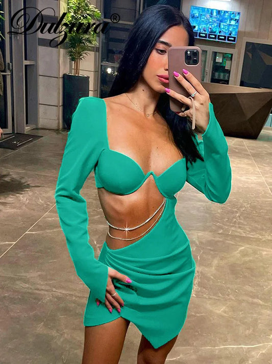 Dulzura Elegant Chain Ruched Sexy Y2K Clothes Hollow Out Long Sleeve Backless Bodycon Mini Dresses For Women 2022 Club Party
